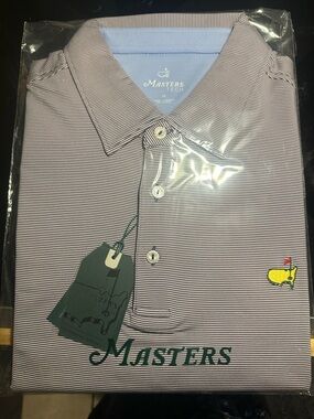 Masters Men's Thin Purple Stripe Polo with Yellow Logo
